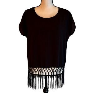 NWT Jon & Anna Fun Black Crepe Like Cap Sleeve Blouse with Afghan Style Fringe M